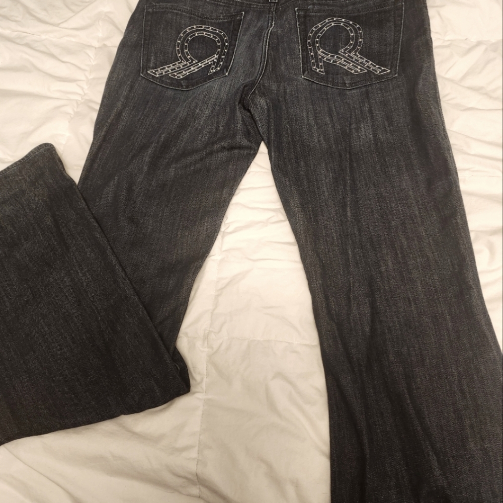 ROCK N REPUBLIC Flare Jeans, Size 32 Long, Preloved, Dark Blue Denim